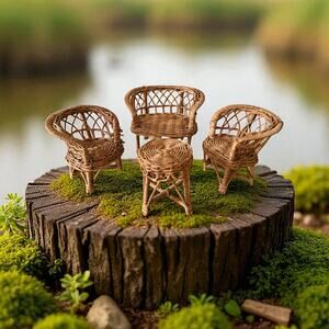 VTG Rattan Wicker Miniature Doll House Furniture Love Seat 2 Chairs Table Boho